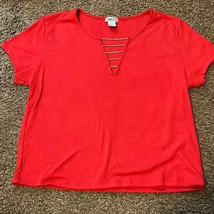 Red, V-Neck, Short Sleeved Top